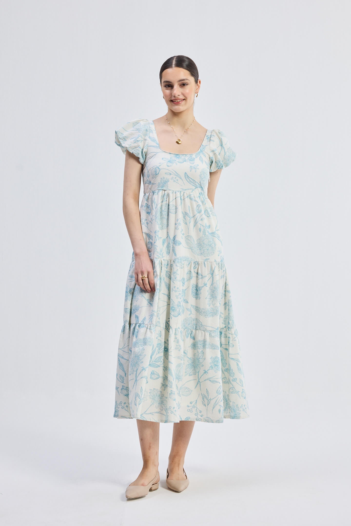 Puff Sleeve Tiered Maxi Dress in Blue Florals - Lukas shop %