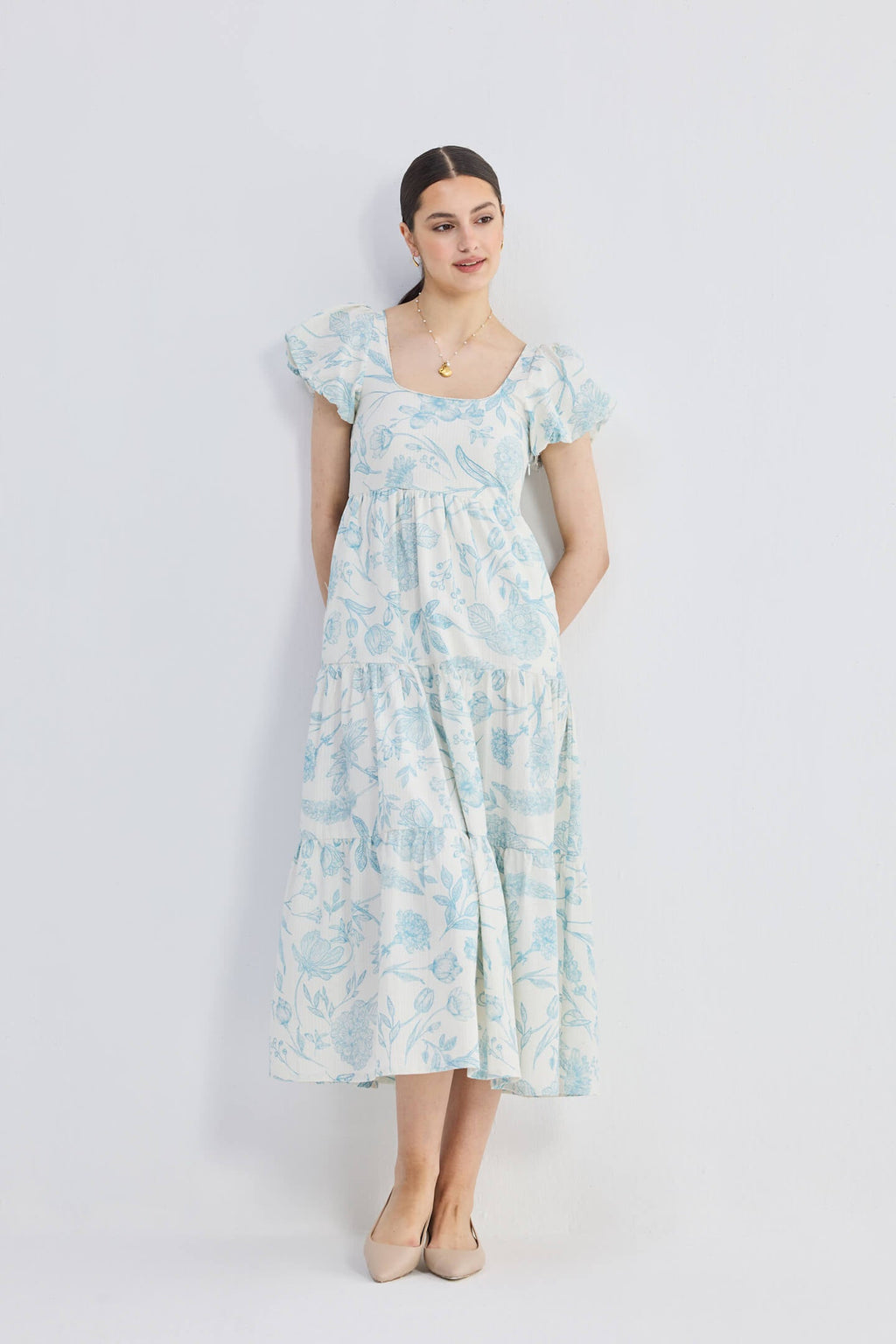 Puff Sleeve Tiered Maxi Dress in Blue Florals - Lukas shop %
