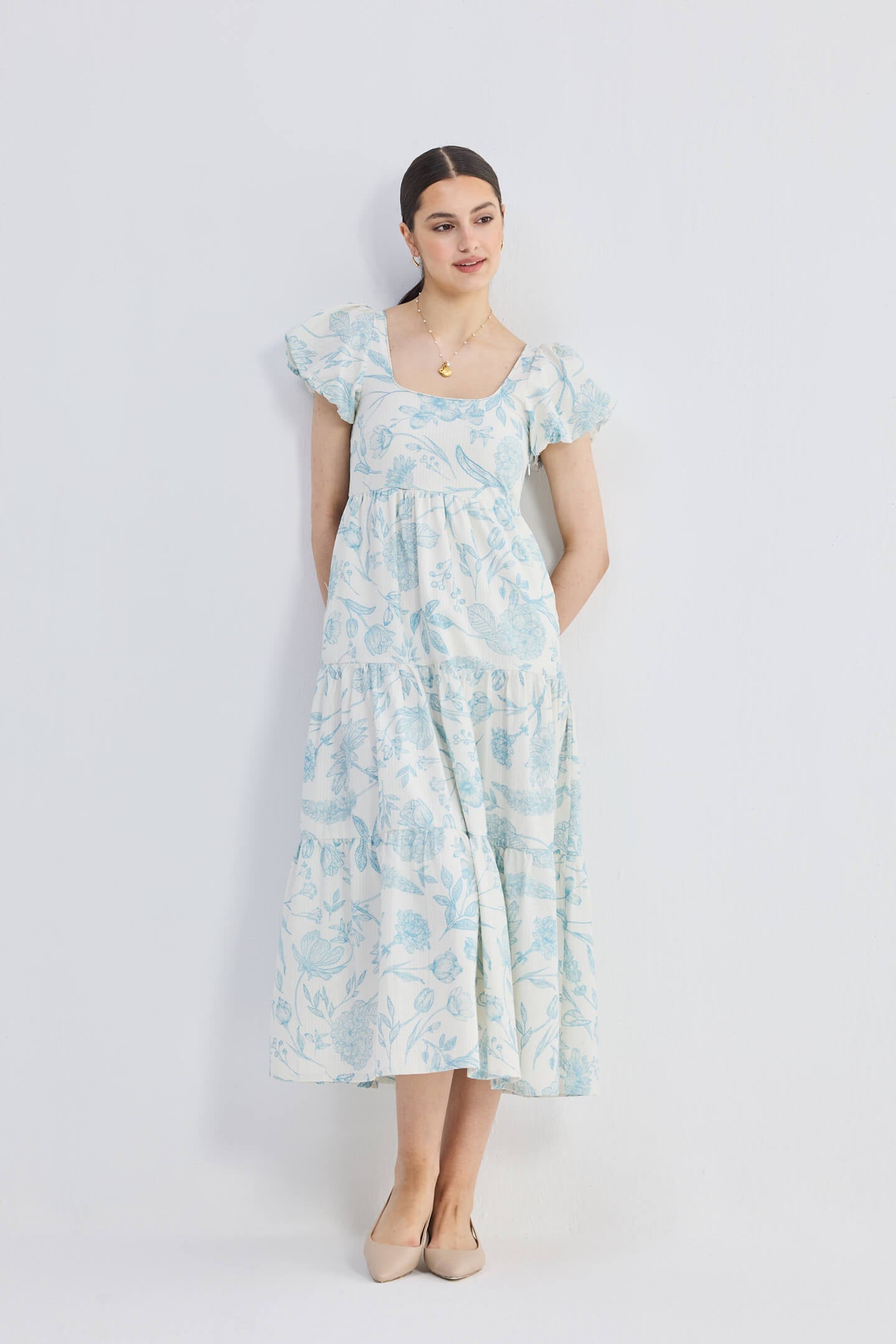 Puff Sleeve Tiered Maxi Dress in Blue Florals - Lukas shop %