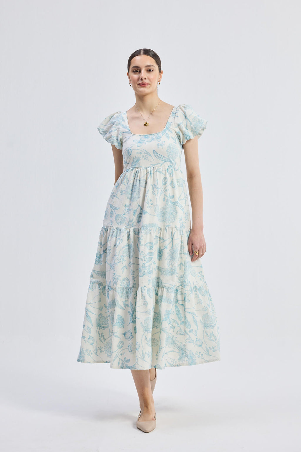 Puff Sleeve Tiered Maxi Dress in Blue Florals - Lukas shop %