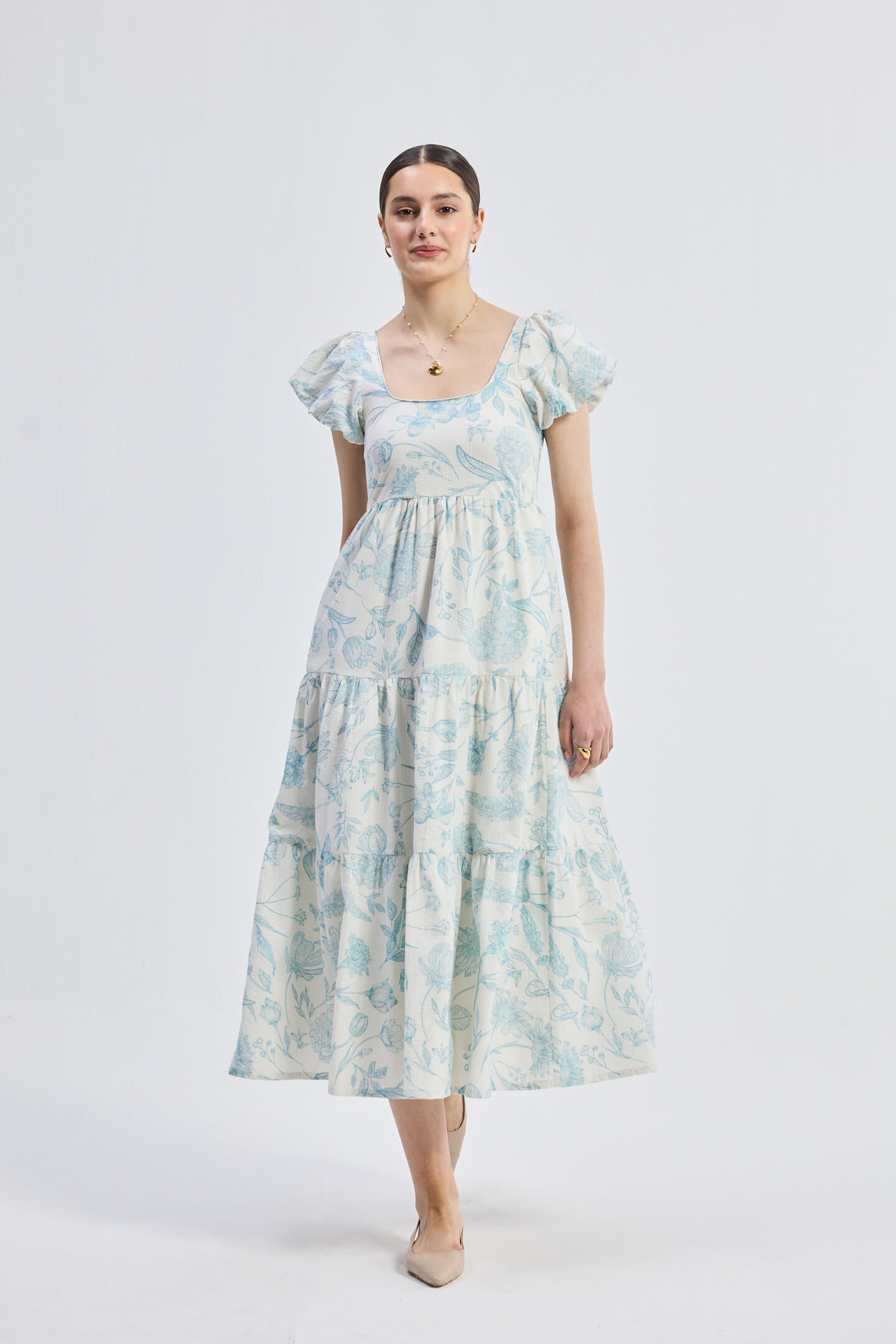 Puff Sleeve Tiered Maxi Dress in Blue Florals - Lukas shop %