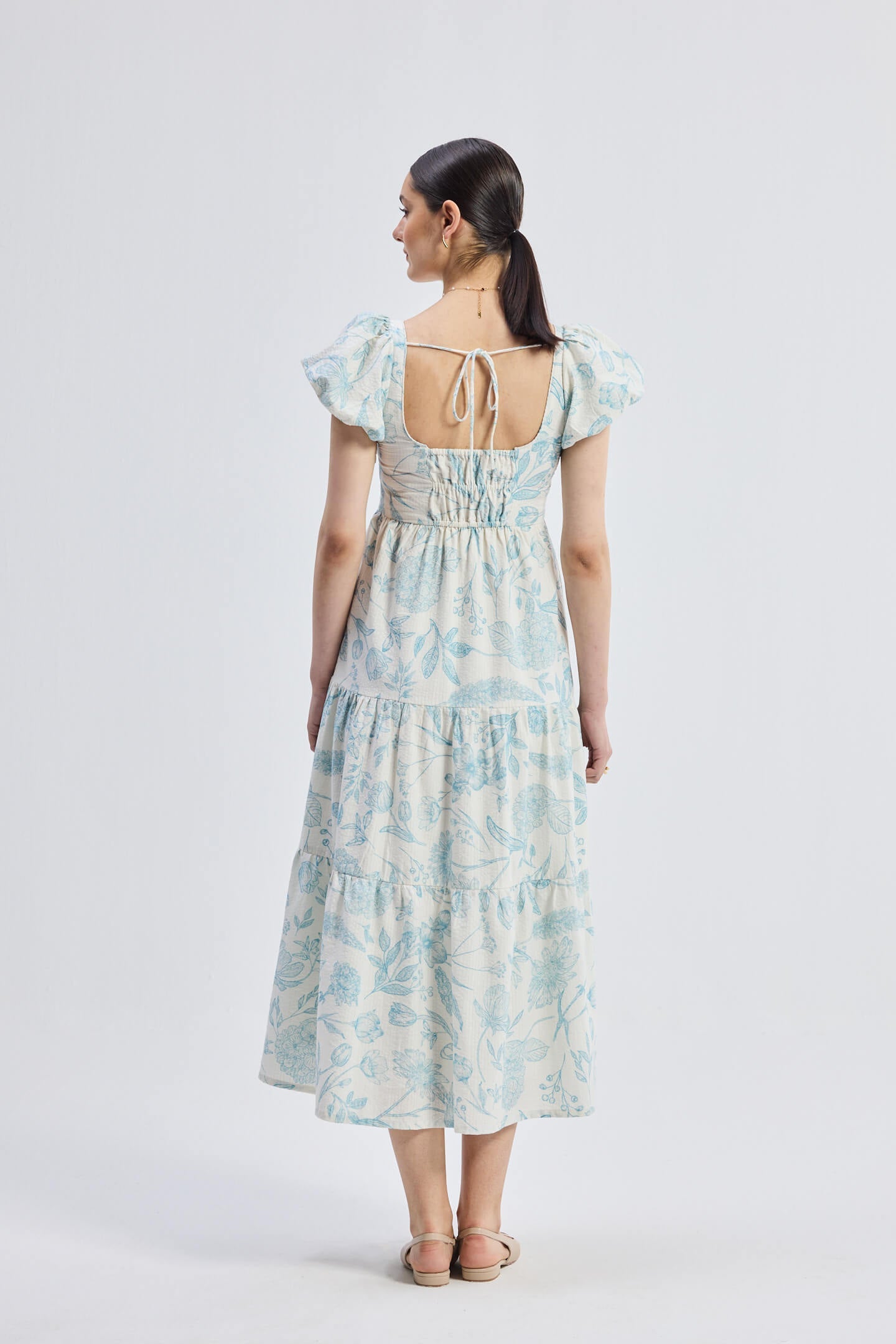 Puff Sleeve Tiered Maxi Dress in Blue Florals - Lukas shop %