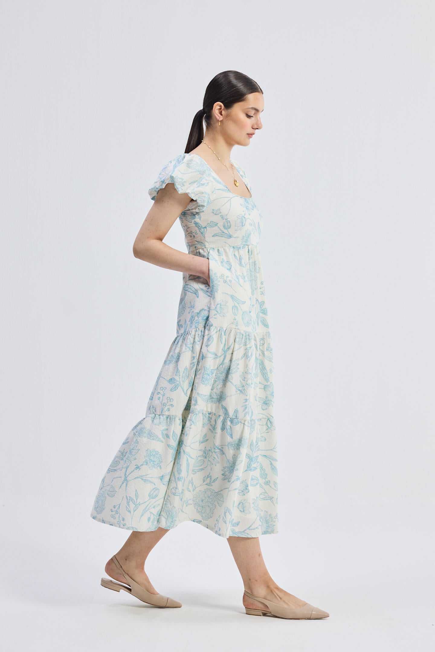 Puff Sleeve Tiered Maxi Dress in Blue Florals - Lukas shop %
