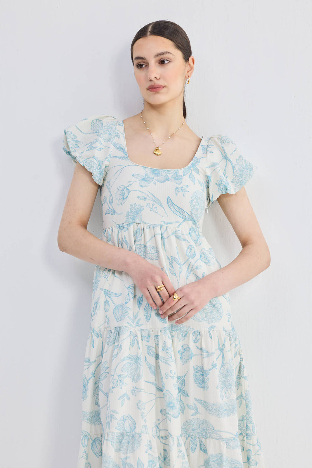 Puff Sleeve Tiered Maxi Dress in Blue Florals - Lukas shop %