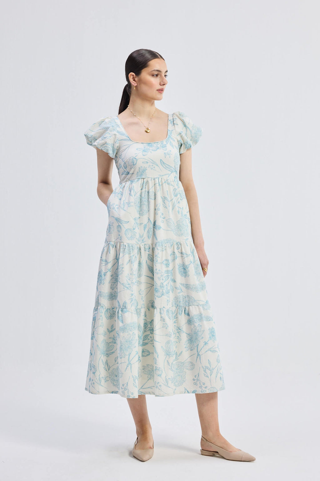 Puff Sleeve Tiered Maxi Dress in Blue Florals - Lukas shop %