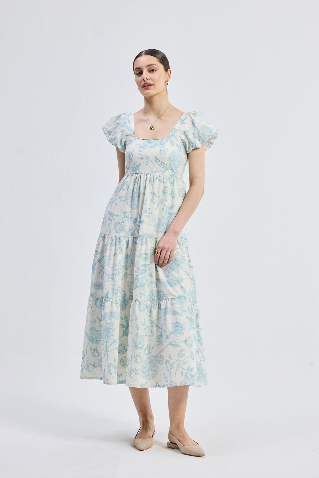 Puff Sleeve Tiered Maxi Dress in Blue Florals - Lukas shop %