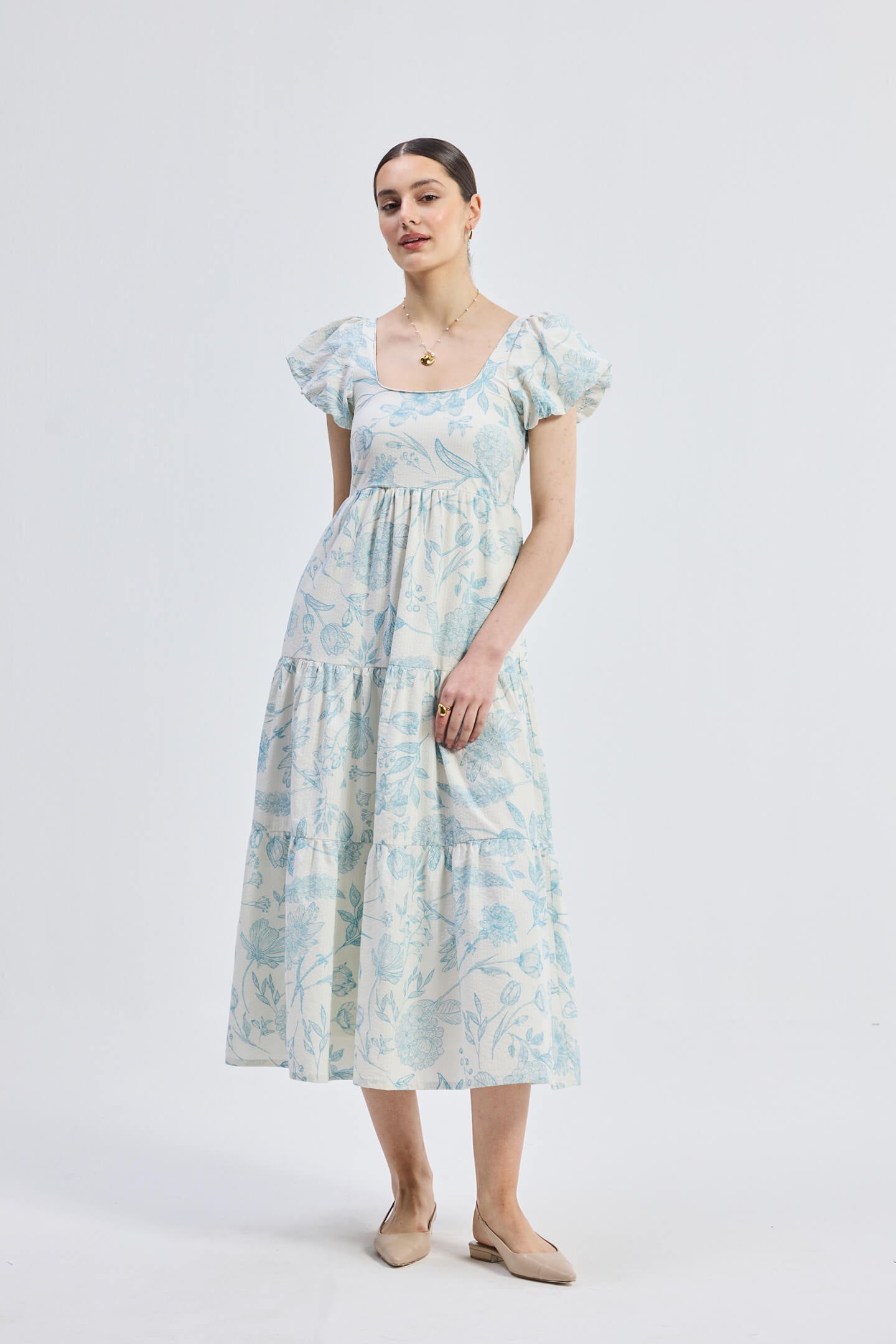 Puff Sleeve Tiered Maxi Dress in Blue Florals - Lukas shop %