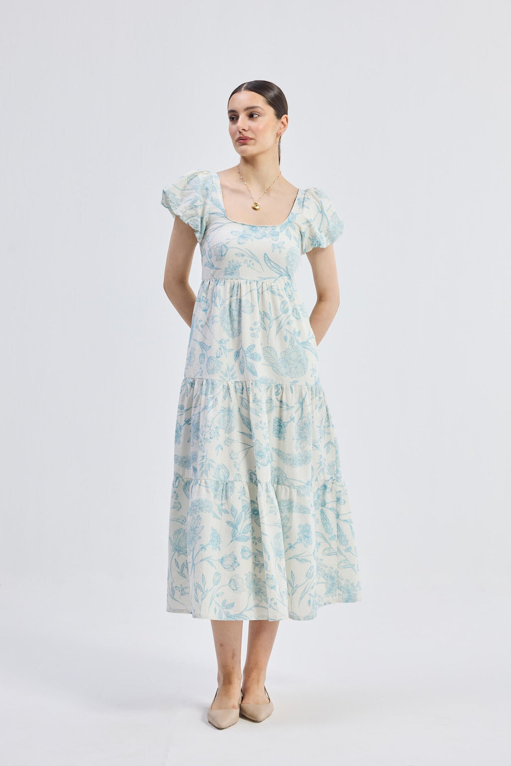 Puff Sleeve Tiered Maxi Dress in Blue Florals - Lukas shop %
