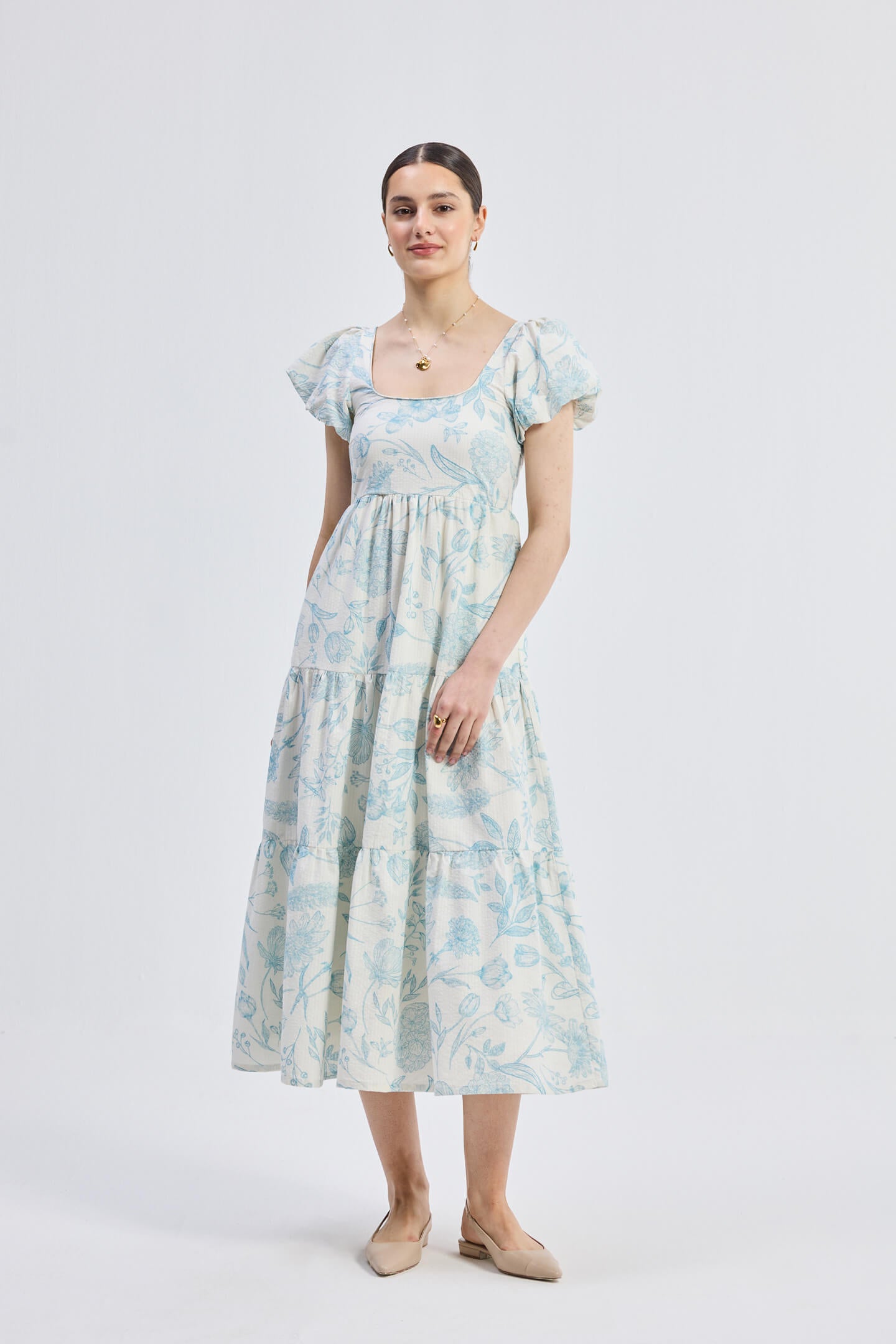 Puff Sleeve Tiered Maxi Dress in Blue Florals - Lukas shop %